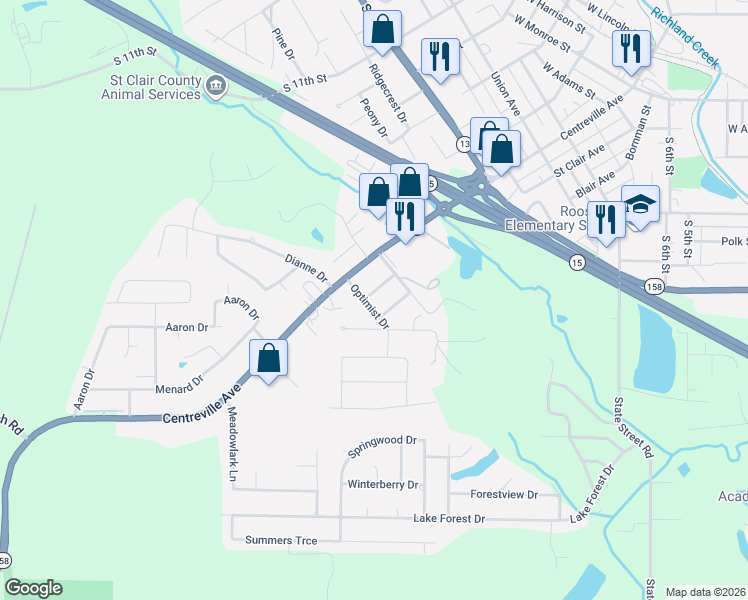map of restaurants, bars, coffee shops, grocery stores, and more near 106 Optimist Drive in Belleville