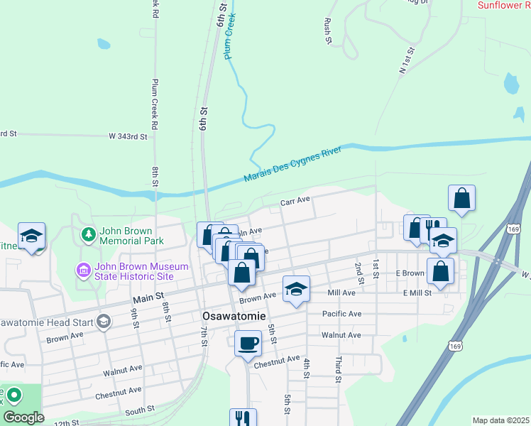 map of restaurants, bars, coffee shops, grocery stores, and more near 405 Carr Avenue in Osawatomie