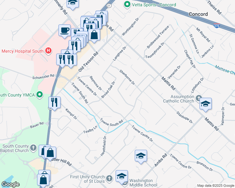 map of restaurants, bars, coffee shops, grocery stores, and more near 4960 Brockwood Drive in St. Louis