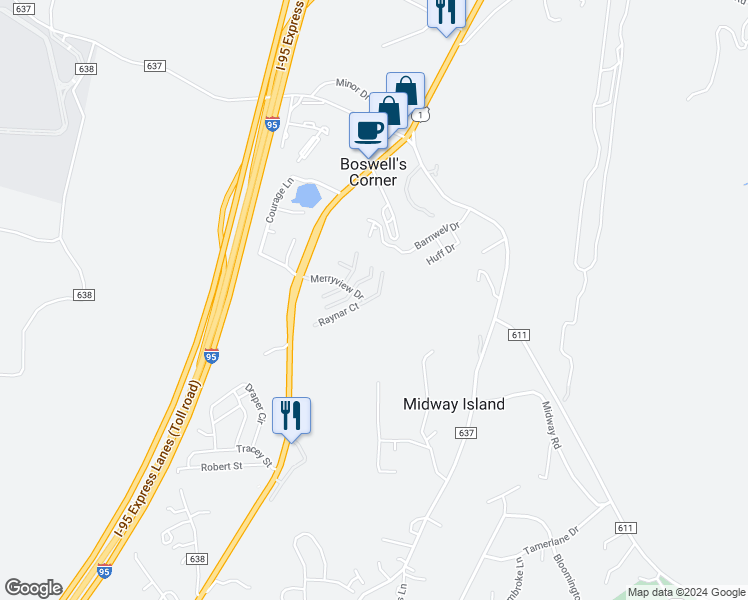 map of restaurants, bars, coffee shops, grocery stores, and more near 106 Hemlock Drive in Stafford