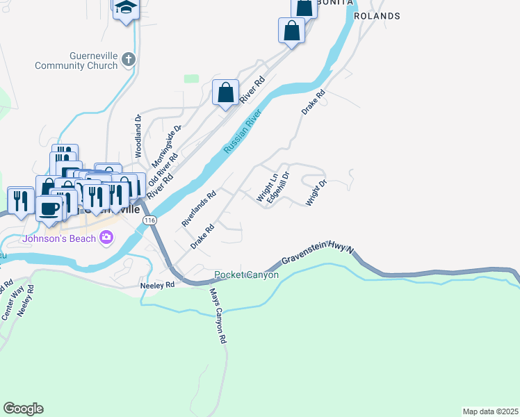 map of restaurants, bars, coffee shops, grocery stores, and more near 15791 Wright Drive in Guerneville