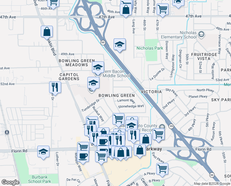 map of restaurants, bars, coffee shops, grocery stores, and more near 6845 Bowling Drive in Sacramento