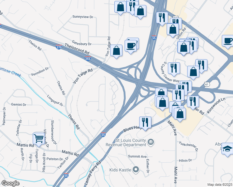 map of restaurants, bars, coffee shops, grocery stores, and more near 4334 Arrow Tree Drive in St. Louis