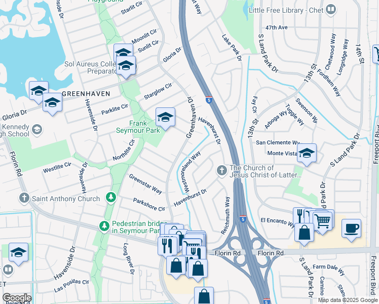 map of restaurants, bars, coffee shops, grocery stores, and more near 6880 Westmoreland Way in Sacramento