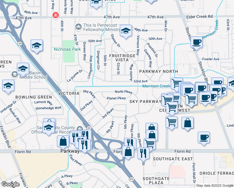 map of restaurants, bars, coffee shops, grocery stores, and more near 5201 Planet Parkway in Sacramento