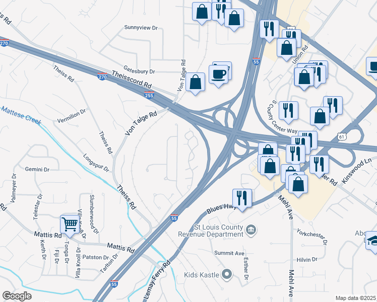 map of restaurants, bars, coffee shops, grocery stores, and more near 4346 Arrow Tree Drive in St. Louis