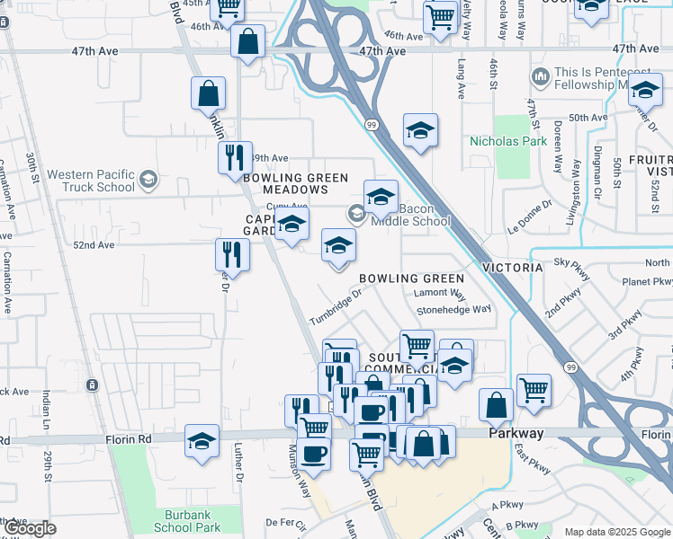 map of restaurants, bars, coffee shops, grocery stores, and more near 4211 Turnbridge Drive in Sacramento