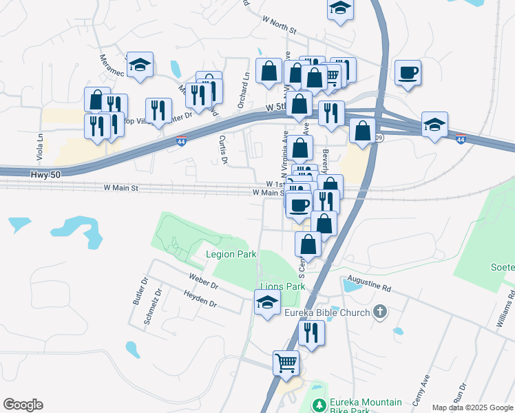 map of restaurants, bars, coffee shops, grocery stores, and more near 119 South West Avenue in Eureka
