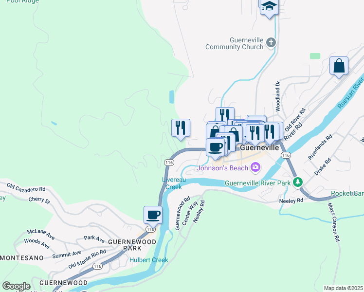 map of restaurants, bars, coffee shops, grocery stores, and more near 16632 River Road in Guerneville