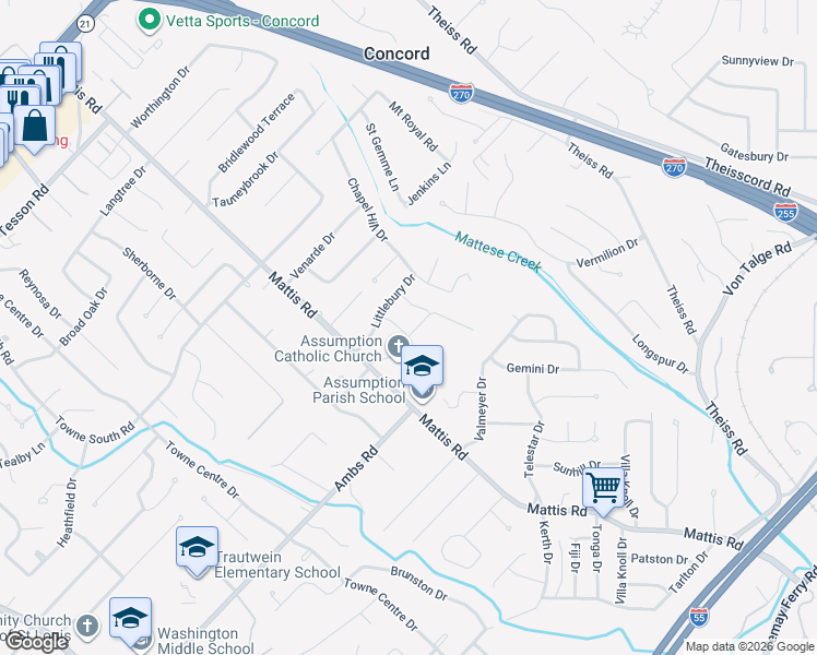 map of restaurants, bars, coffee shops, grocery stores, and more near 4777 Nanroyal Drive in St. Louis