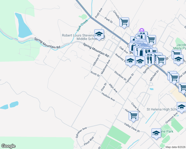 map of restaurants, bars, coffee shops, grocery stores, and more near 1655 Scott Street in Saint Helena