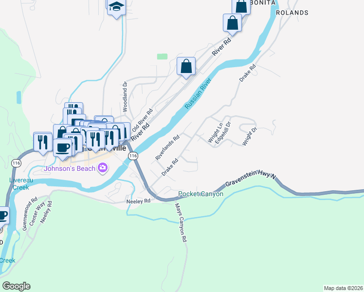 map of restaurants, bars, coffee shops, grocery stores, and more near 15940 Drake Road in Guerneville