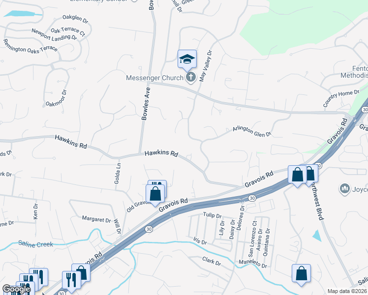 map of restaurants, bars, coffee shops, grocery stores, and more near 607 Hawkins Road in Fenton