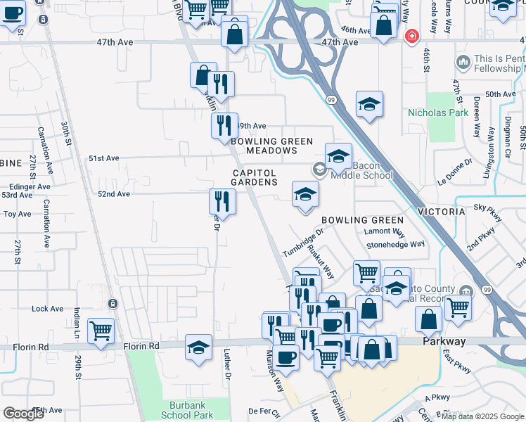 map of restaurants, bars, coffee shops, grocery stores, and more near 6807 Franklin Boulevard in Sacramento