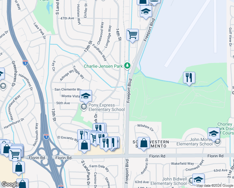 map of restaurants, bars, coffee shops, grocery stores, and more near 6809 Buena Terra Way in Sacramento