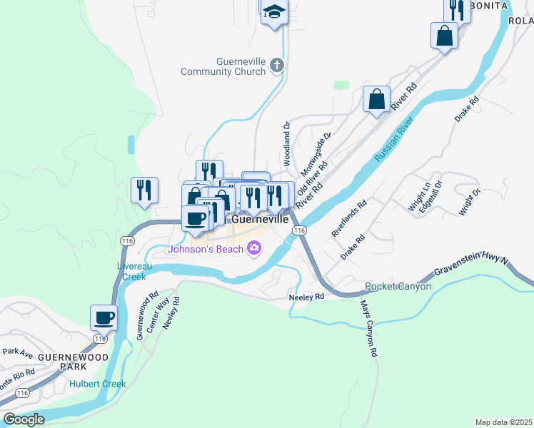 map of restaurants, bars, coffee shops, grocery stores, and more near 16184 Main Street in Guerneville