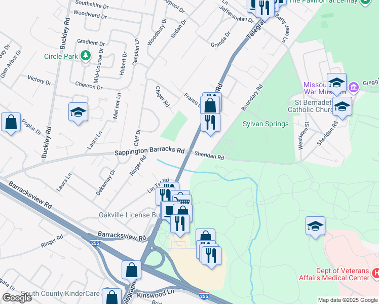 map of restaurants, bars, coffee shops, grocery stores, and more near Telegraph Rd & Sheridan Rd in Saint Louis