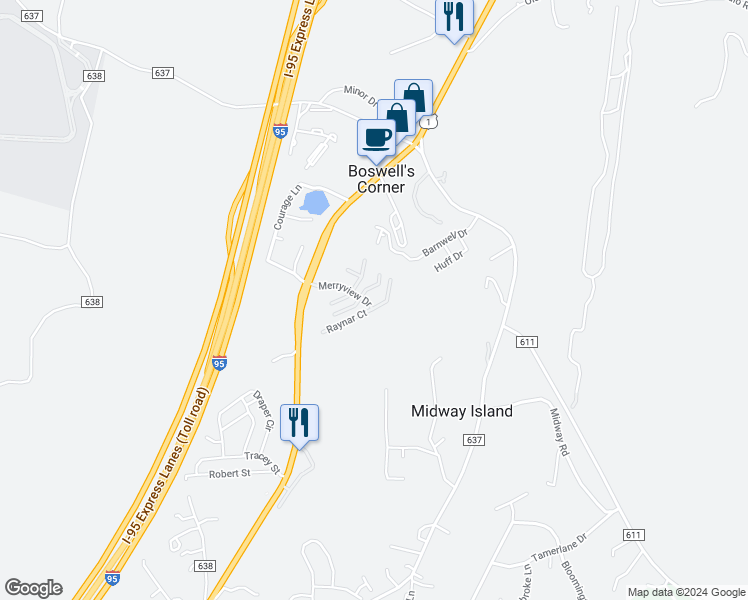 map of restaurants, bars, coffee shops, grocery stores, and more near 103 Hemlock Drive in Stafford