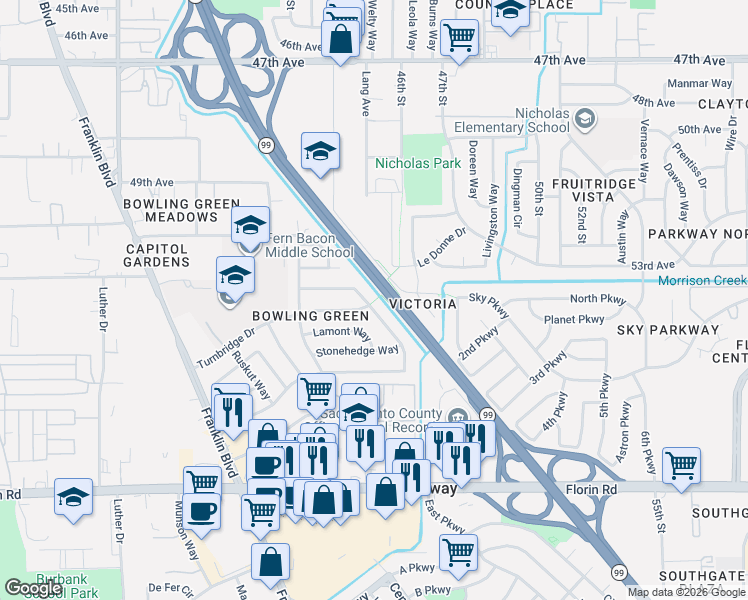 map of restaurants, bars, coffee shops, grocery stores, and more near 6905 Chevy Chase Way in Sacramento