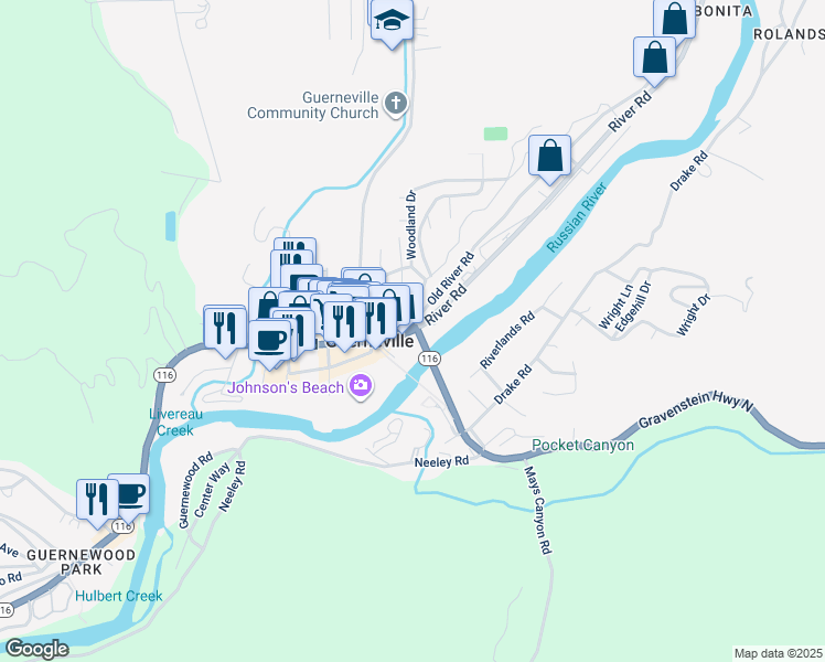 map of restaurants, bars, coffee shops, grocery stores, and more near in Guerneville