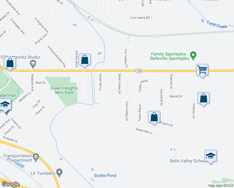 map of restaurants, bars, coffee shops, grocery stores, and more near 971 Belle Valley Drive in Belleville