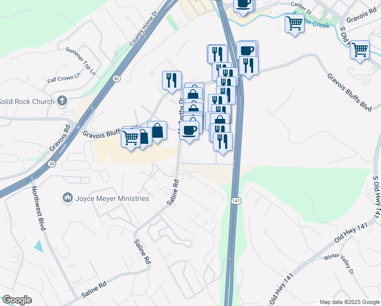 map of restaurants, bars, coffee shops, grocery stores, and more near 197 Gravois Bluffs Plaza Drive in Fenton