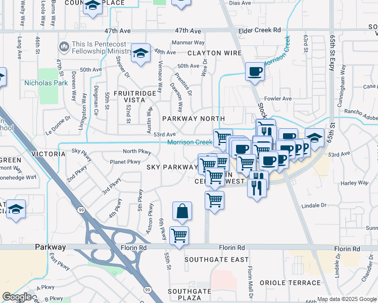 map of restaurants, bars, coffee shops, grocery stores, and more near 5505 Sky Parkway in Sacramento