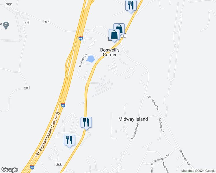 map of restaurants, bars, coffee shops, grocery stores, and more near 105 Hemlock Drive in Stafford