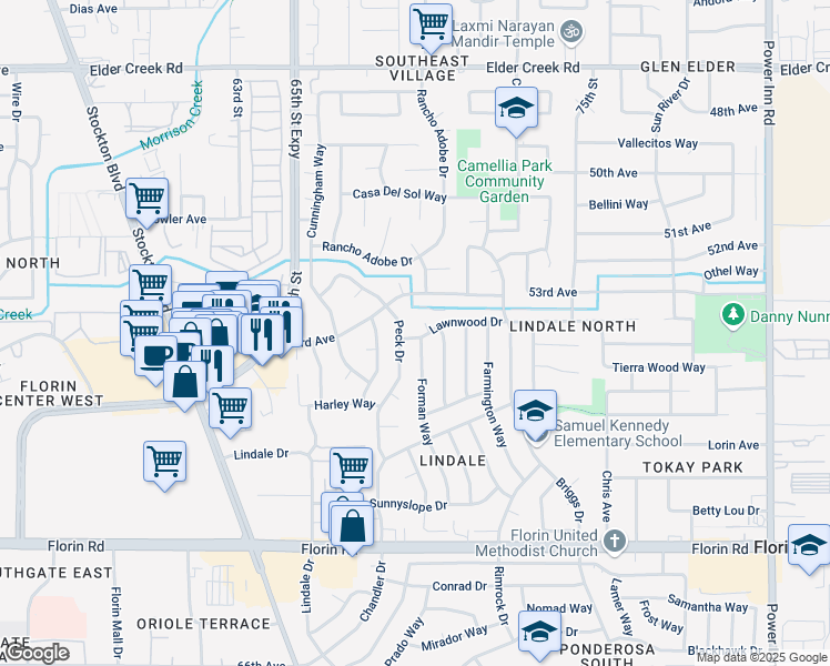 map of restaurants, bars, coffee shops, grocery stores, and more near 6904 Peck Drive in Sacramento