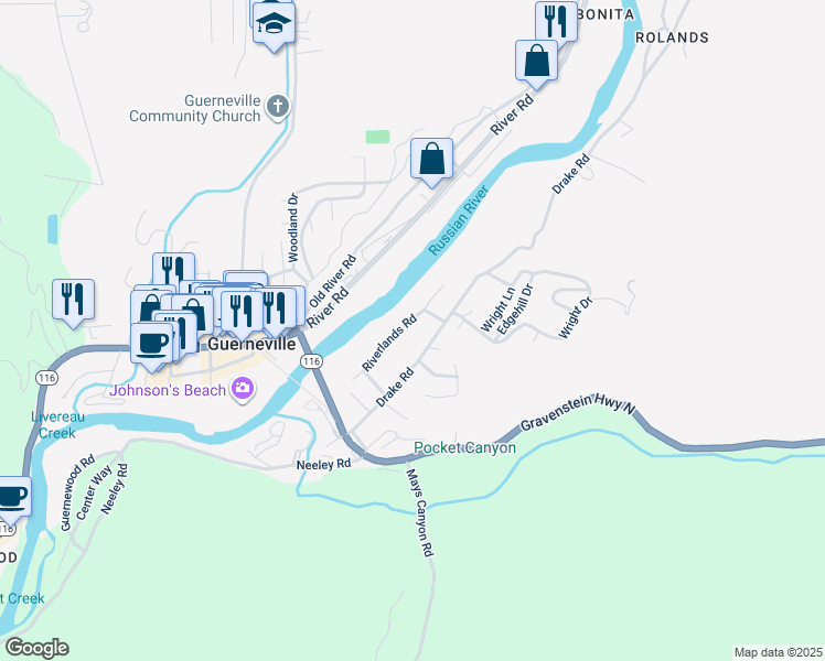 map of restaurants, bars, coffee shops, grocery stores, and more near 15940 Drake Road in Guerneville