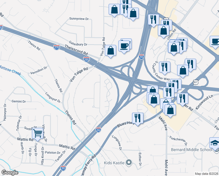 map of restaurants, bars, coffee shops, grocery stores, and more near 4346 Arrow Tree Drive in St. Louis