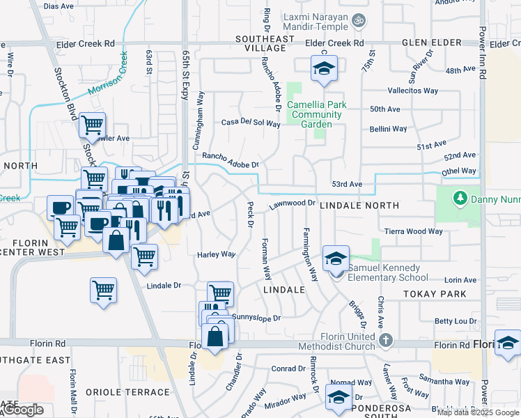 map of restaurants, bars, coffee shops, grocery stores, and more near 6904 Peck Drive in Sacramento
