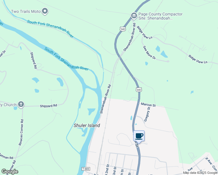 map of restaurants, bars, coffee shops, grocery stores, and more near Shenandoah River Road in Shenandoah