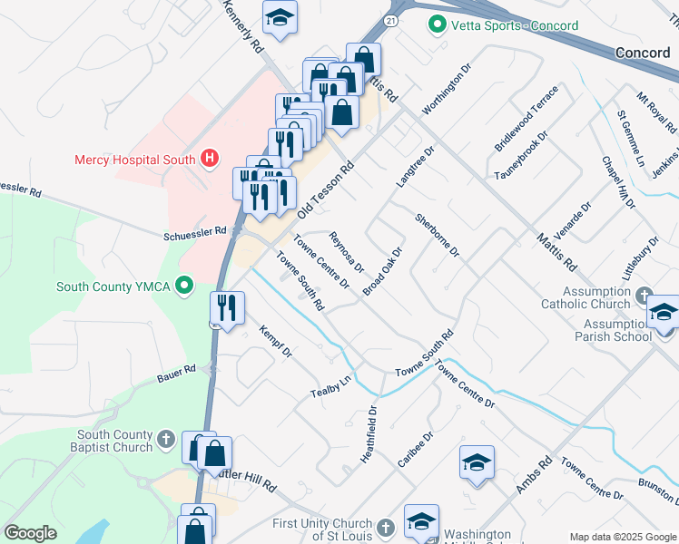 map of restaurants, bars, coffee shops, grocery stores, and more near 5114 Towne Centre Drive in St. Louis