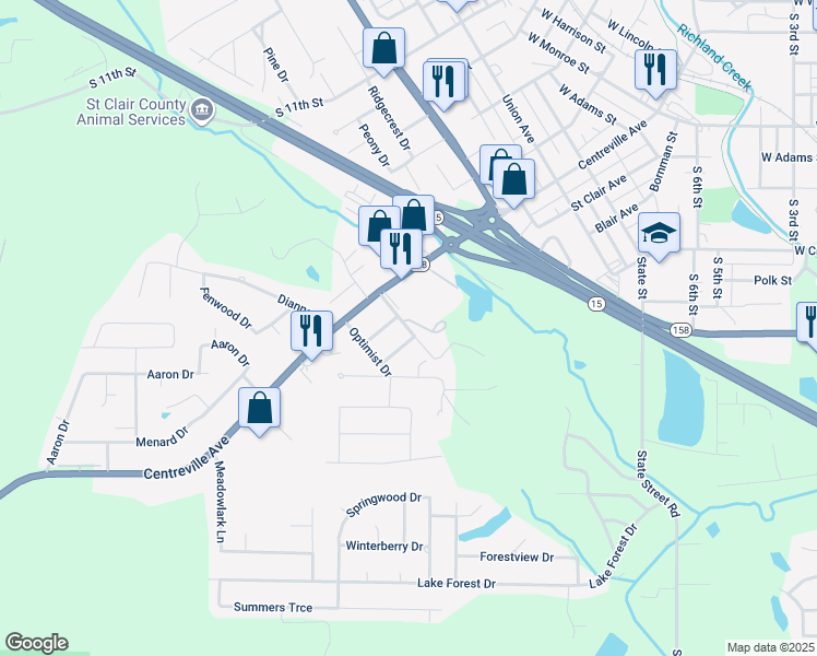map of restaurants, bars, coffee shops, grocery stores, and more near 1300 Benevolent Drive in Belleville