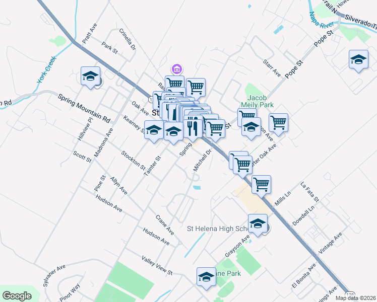 map of restaurants, bars, coffee shops, grocery stores, and more near 1145 Oak Avenue in St. Helena