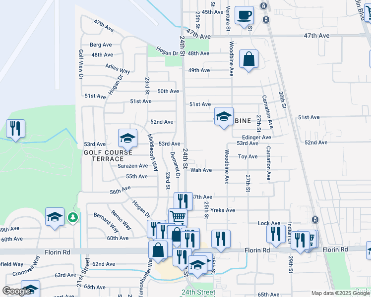 map of restaurants, bars, coffee shops, grocery stores, and more near 6861 Demaret Drive in Sacramento