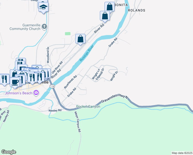 map of restaurants, bars, coffee shops, grocery stores, and more near 15791 Wright Drive in Guerneville