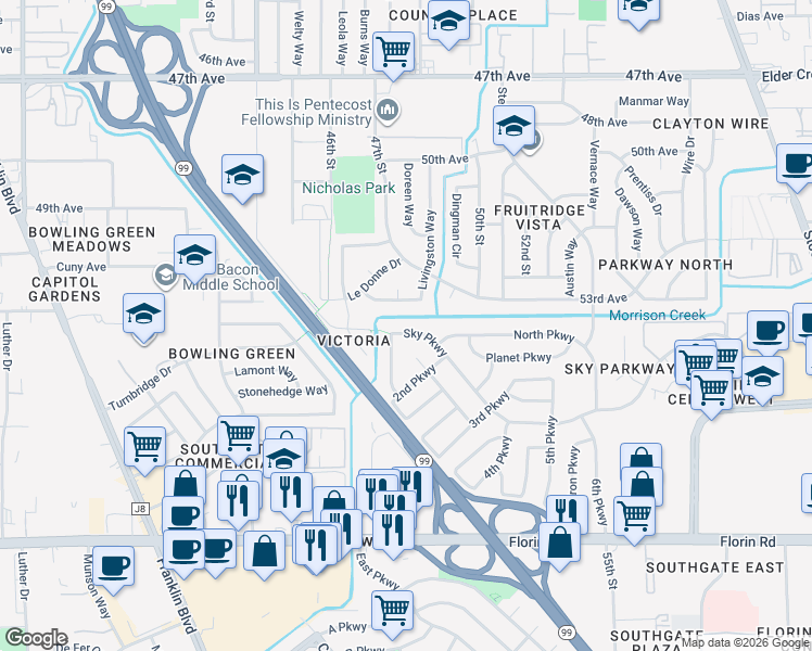 map of restaurants, bars, coffee shops, grocery stores, and more near 4913 Sky Parkway in Sacramento