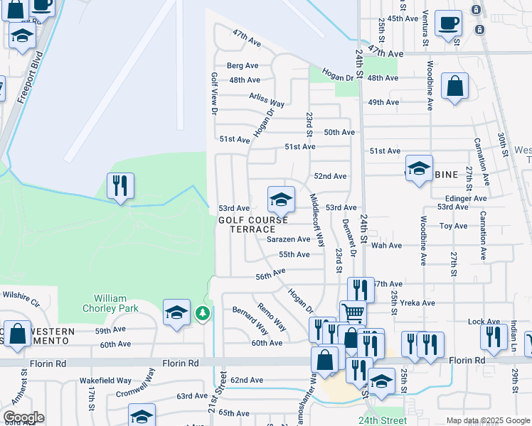 map of restaurants, bars, coffee shops, grocery stores, and more near 2147 54th Avenue in Sacramento