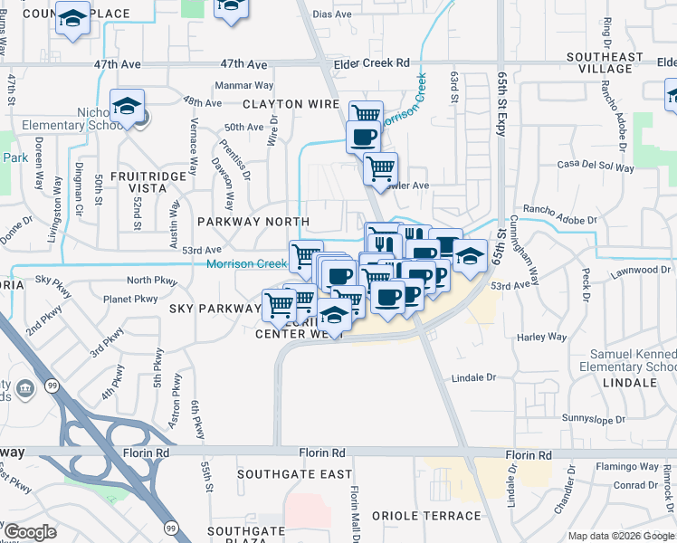 map of restaurants, bars, coffee shops, grocery stores, and more near 5545 Sky Parkway in Sacramento