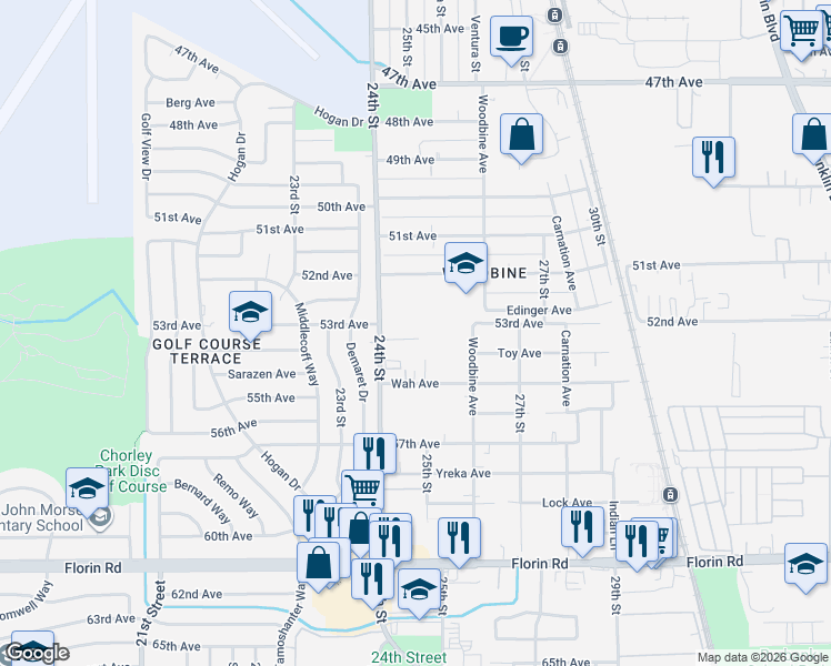 map of restaurants, bars, coffee shops, grocery stores, and more near 6815 24th Street in Sacramento