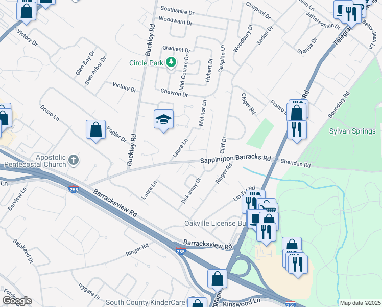 map of restaurants, bars, coffee shops, grocery stores, and more near 3078 Mel nor Lane in St. Louis