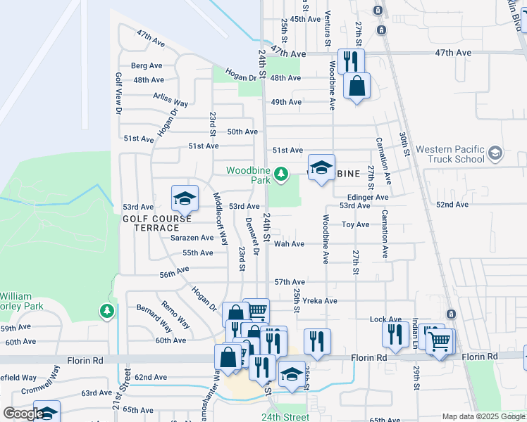 map of restaurants, bars, coffee shops, grocery stores, and more near 6749 Demaret Drive in Sacramento