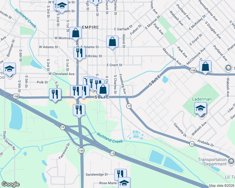 map of restaurants, bars, coffee shops, grocery stores, and more near 1002 South Charles Street in Belleville