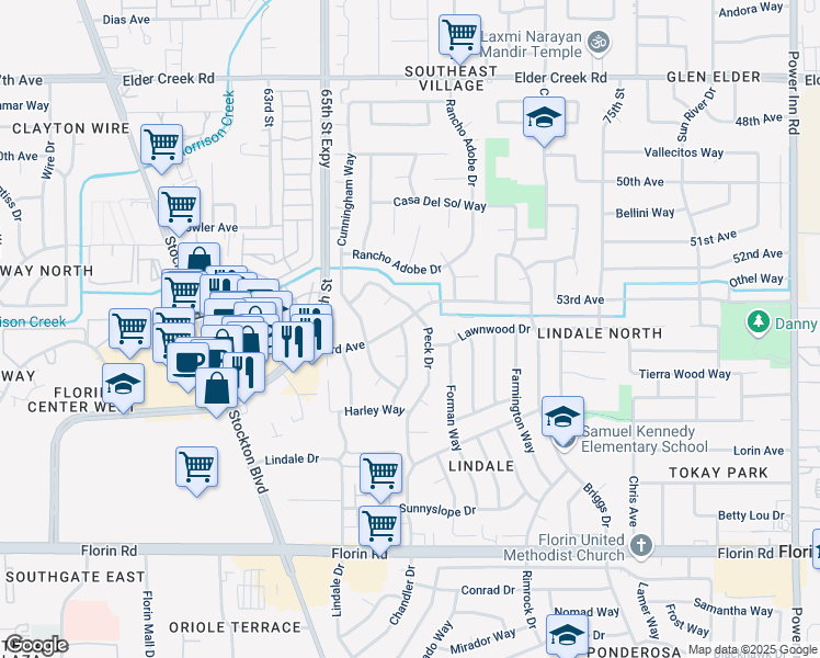 map of restaurants, bars, coffee shops, grocery stores, and more near 6861 Peck Drive in Sacramento