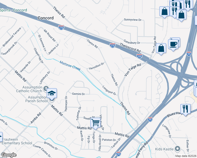 map of restaurants, bars, coffee shops, grocery stores, and more near 4741 Longspur Drive in St. Louis