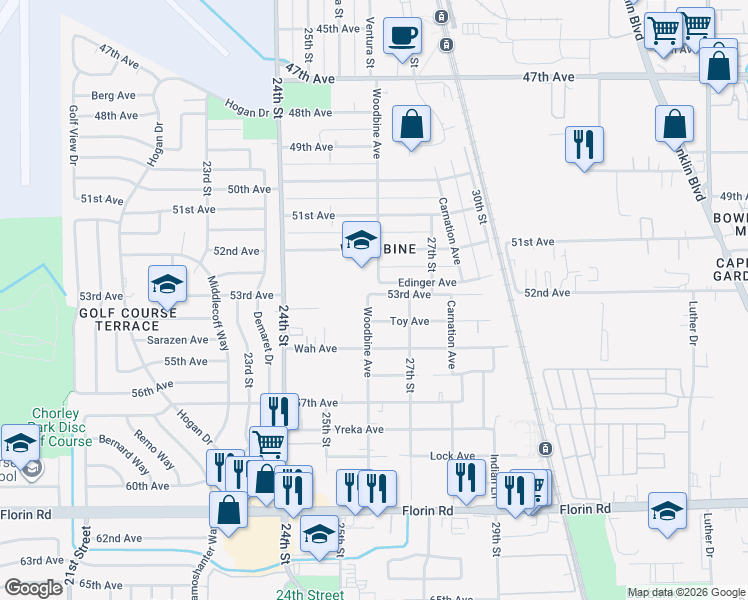 map of restaurants, bars, coffee shops, grocery stores, and more near 2609 Edinger Avenue in Sacramento
