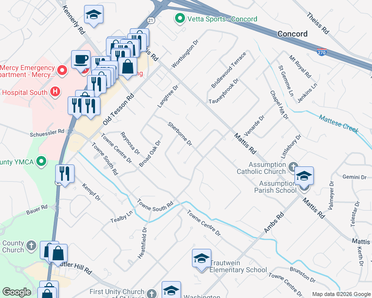 map of restaurants, bars, coffee shops, grocery stores, and more near 4814 Danebury Drive in St. Louis
