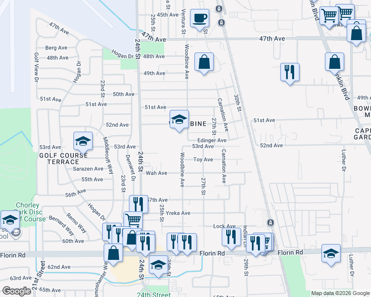 map of restaurants, bars, coffee shops, grocery stores, and more near 2609 Edinger Avenue in Sacramento